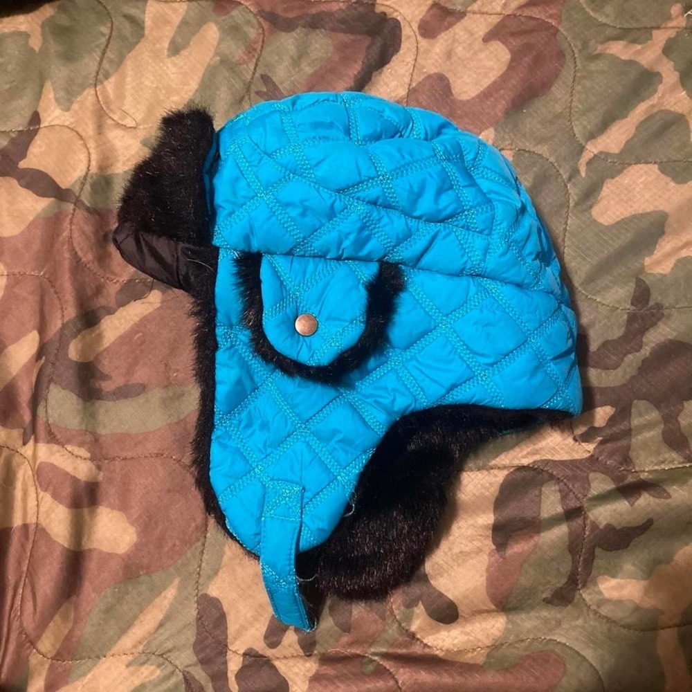 Arizona jeans quilted cyan blue trapper hat black fur vtg y2k style O/S